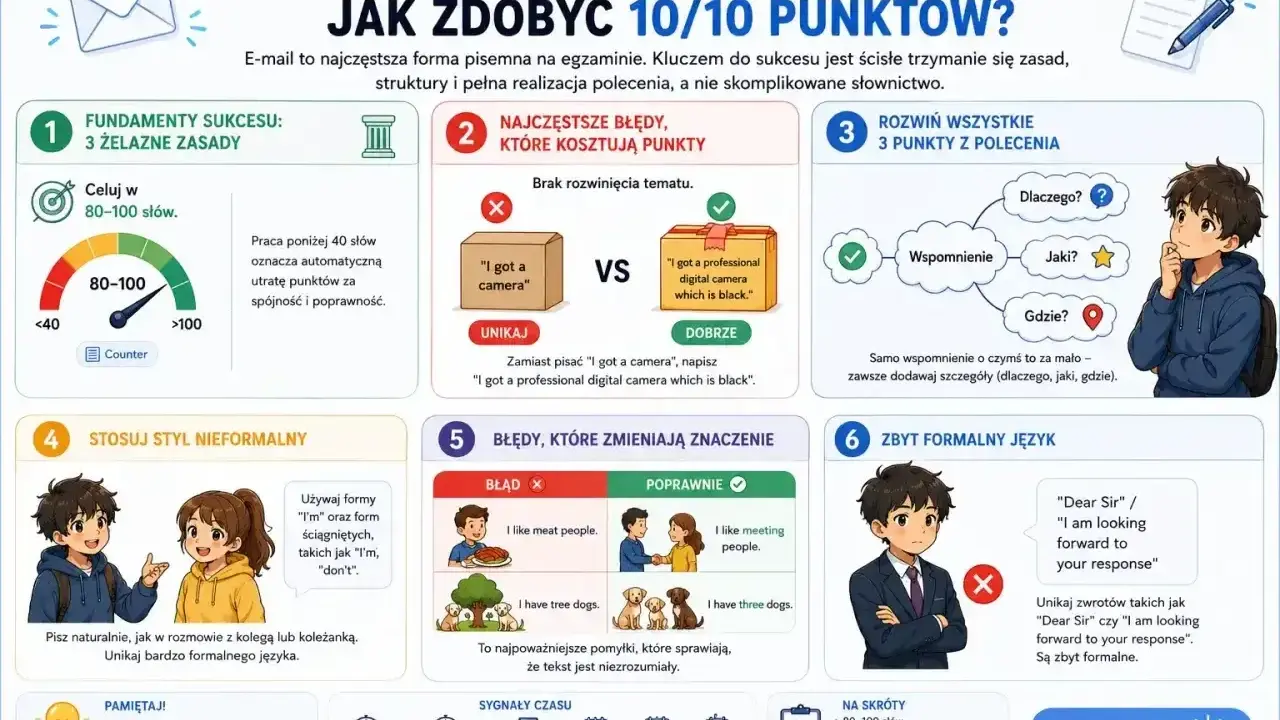 Jak napisać wiadomość do nauczyciela na egzaminie ósmoklasisty? Poradnik: celuj w 80-100 słów, rozwijaj punkty, stosuj styl nieformalny, unikaj błędów i zbyt formalnego języka.