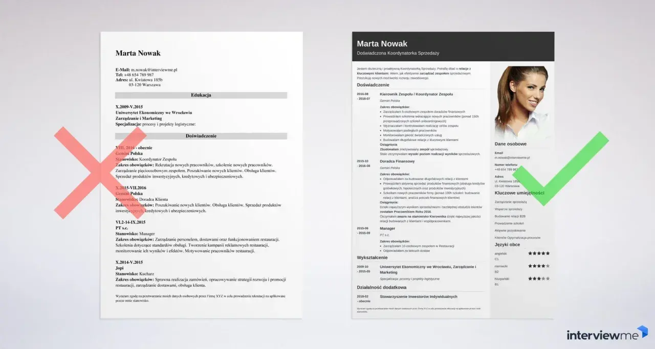 CV Marty Nowak z kluczowymi umiejętnościami, doświadczeniem w sprzedaży i językami obcymi.