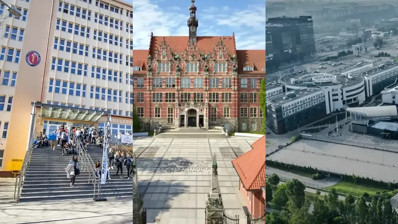 Trzy budynki uczelni w Gdańsku: Collegium Medicum, Politechnika Gdańska i nowoczesne centrum badawcze.