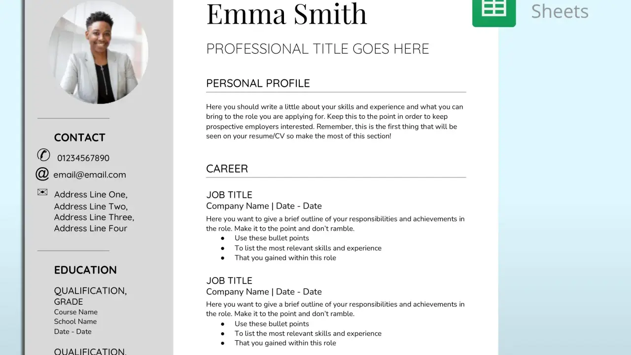 CV Emmy Smith w Google Docs, z sekcjami: dane kontaktowe, profil, kariera, edukacja.