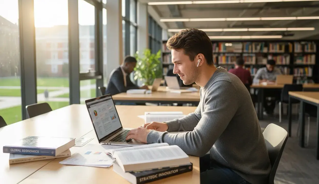 Młody mężczyzna pracuje na laptopie w bibliotece, otoczony książkami. Jego indywidualny tok studiów wymaga skupienia i samodzielności.