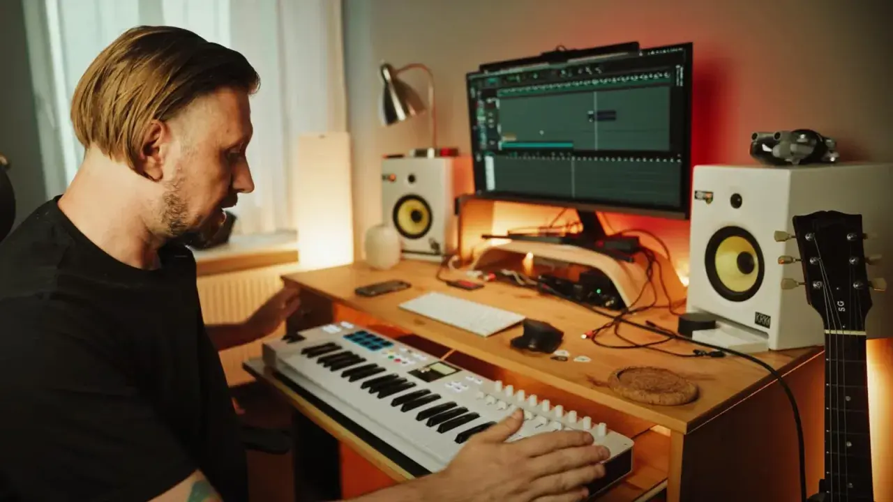 Mężczyzna tworzy muzykę w domowym studiu. Na biurku klawiatura sterująca, monitory studyjne, komputer z programem do produkcji muzyki i gitara.