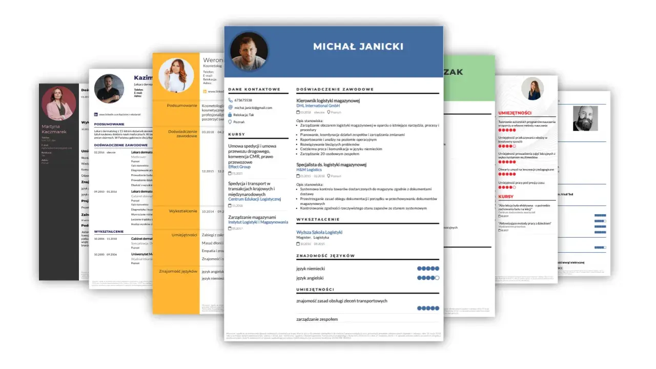 Michał Janicki, kierownik logistyki magazynowej, prezentuje swoje doświadczenie i umiejętności w CV. Szablon CV jest przejrzysty i zawiera kluczowe informacje.