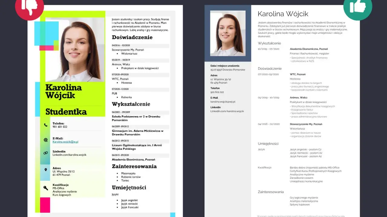 CV studentki Karoliny Wójcik: absolwentka finansów, szuka pracy, pasjonatka analiz i gier matematycznych.