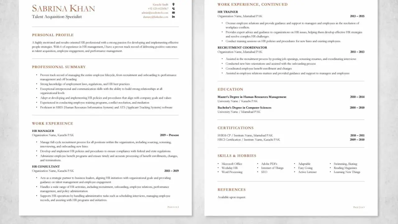 CV darmowe: CV Sabriny Khan, specjalistki ds. pozyskiwania talentów, z doświadczeniem w HR, rekrutacji i zarządzaniu pracownikami.