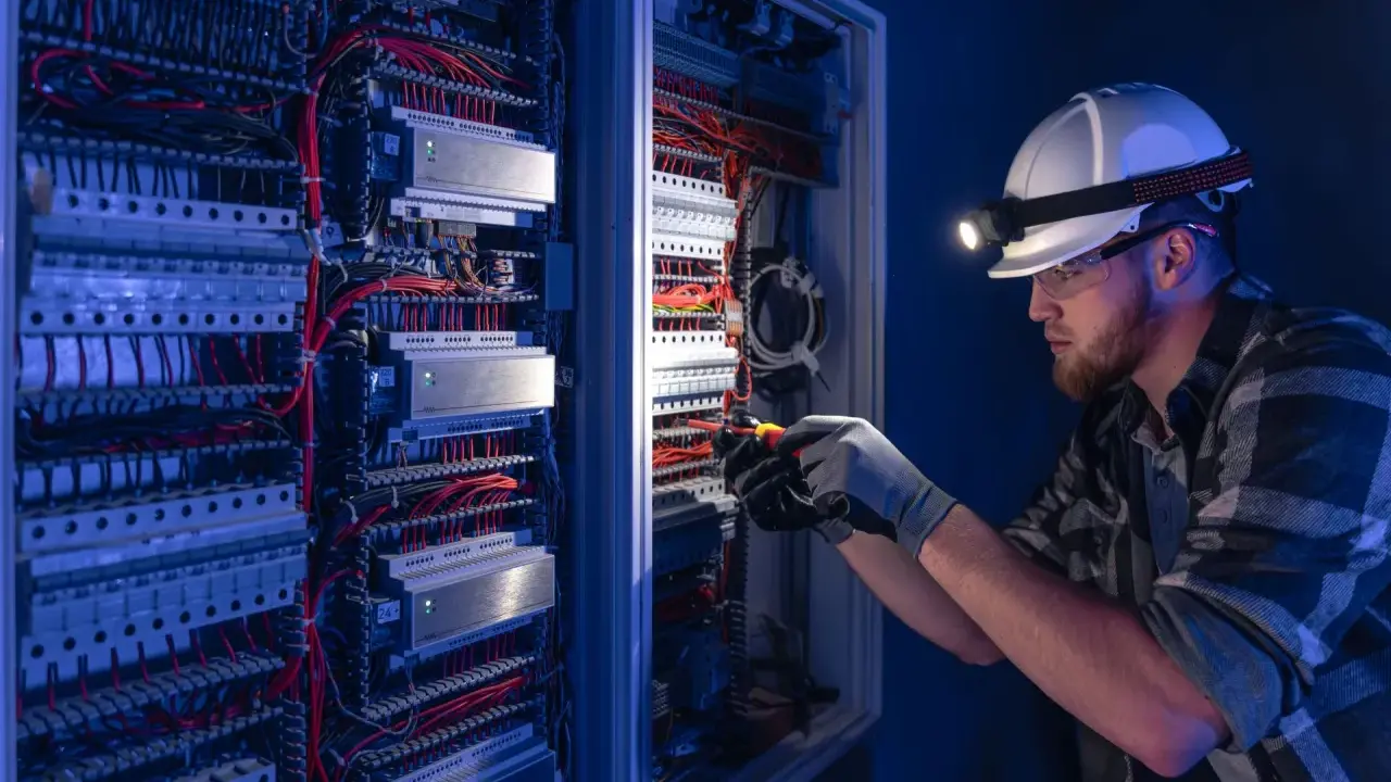 Mężczyzna w kasku z latarką pracuje przy panelu elektrycznym. To obraz z dziedziny elektrotechnika studia, gdzie przyszli inżynierowie zdobywają praktyczne umiejętności.