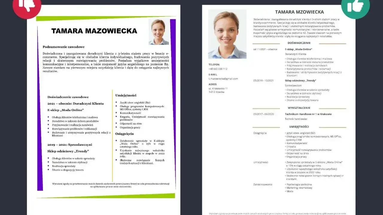 CV Tamary Mazowieckiej: doświadczenie jako doradczyni klienta i sprzedawczyni, umiejętności językowe i interpersonalne.
