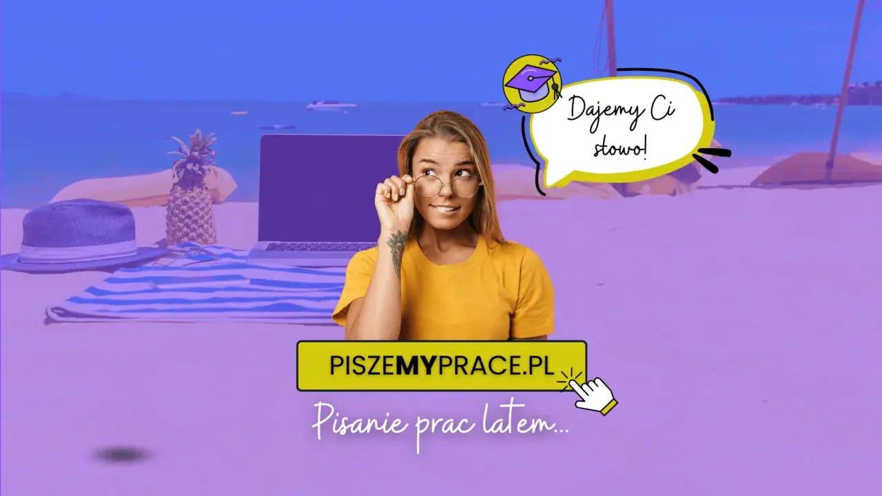 Kobieta z okularami na plaży, obok laptop, ananas i kapelusz. Napis "PiszemyPrace.pl" i "Pisanie prac latem...".