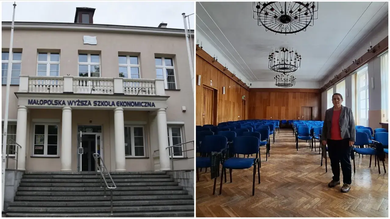 Budynek Małopolskiej Wyższej Szkoły Ekonomicznej (MWSE) i sala wykładowa z krzesłami.