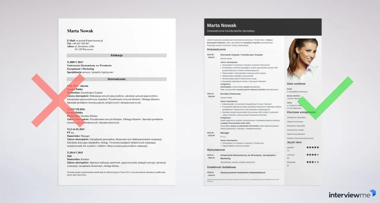 CV Marty Nowak z sekcją "Kluczowe umiejętności", gdzie wymieniono zarządzanie sprzedażą i budowanie relacji B2B, co świadczy o jej zainteresowaniach w CV.