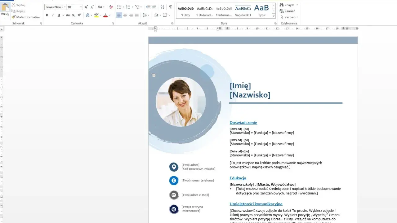 Szablon CV w Wordzie z miejscem na zdjęcie, dane kontaktowe, doświadczenie, edukację i umiejętności.