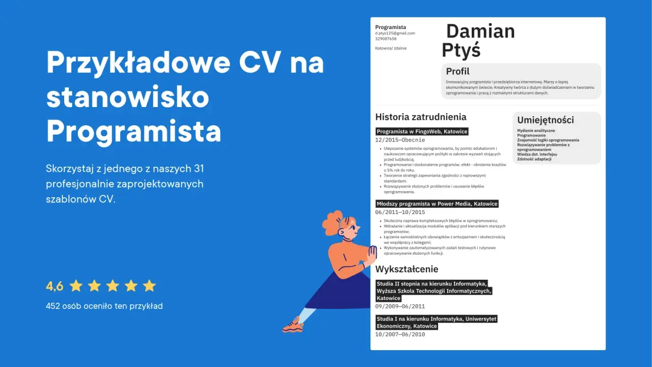 Przykładowe CV na stanowisko Programista. Damian Ptyś, innowacyjny programista, prezentuje swoje doświadczenie i umiejętności.