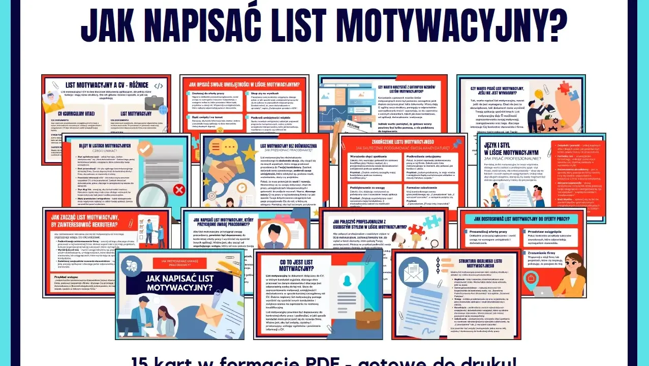 Zbiór poradników o tym, jak napisać list motywacyjny, zawiera wskazówki, błędy i przykłady. 15 kart PDF gotowych do druku.