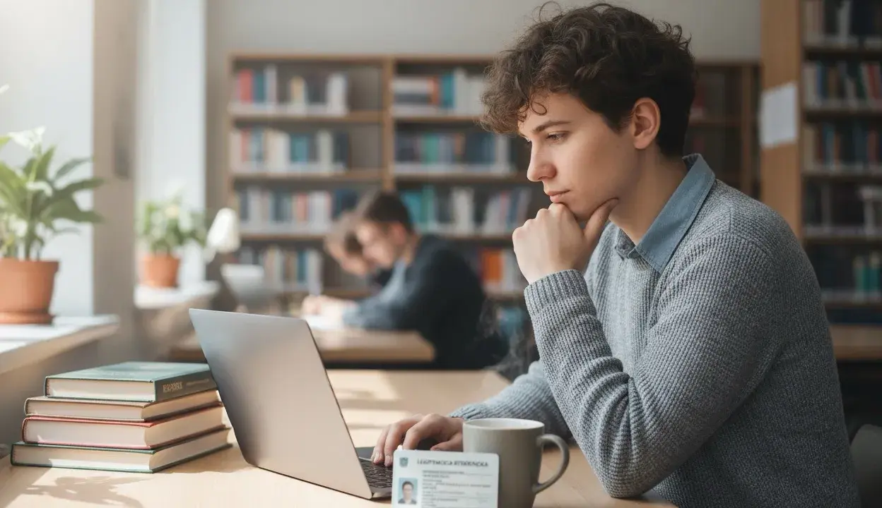 Młody student z legitymacją studencką, korzystający z laptopa w bibliotece. Nawet po 26 roku życia można skorzystać ze zniżek dla studentów.