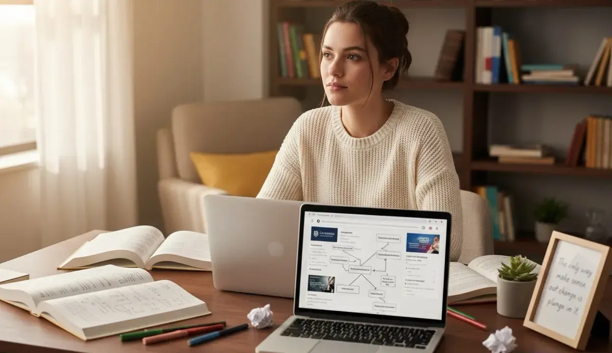 Młoda kobieta pogrążona w nauce, przygotowująca się do kognitywistyka studia. Na biurku laptopy, otwarte książki i przybory do pisania.