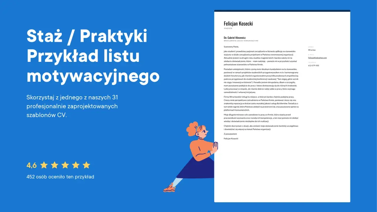 Przykładowy list motywacyjny na staż / praktyki, z profesjonalnie zaprojektowanym szablonem CV.