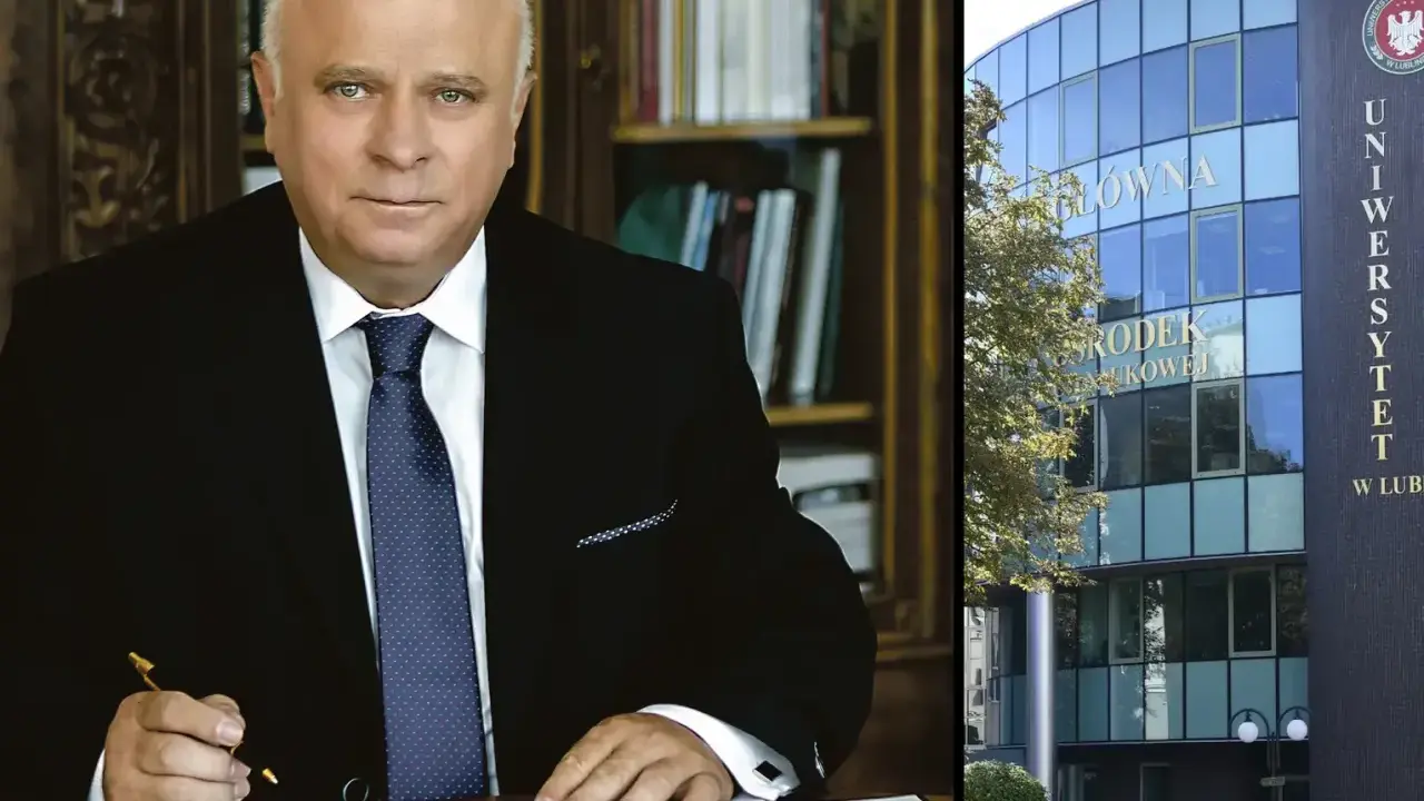 Rektor w gabinecie, obok budynek Uniwersytetu z napisem "Uniwersytet Przyrodniczy w Lublinie".