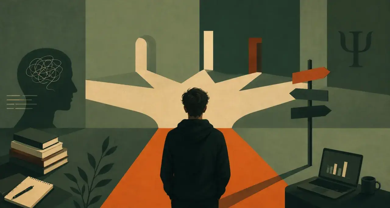 Młody człowiek stoi na rozdrożu, symbolizującym wybory ścieżek życiowych. Obok symbol psychologii i książki, sugerujące psychologia studia.