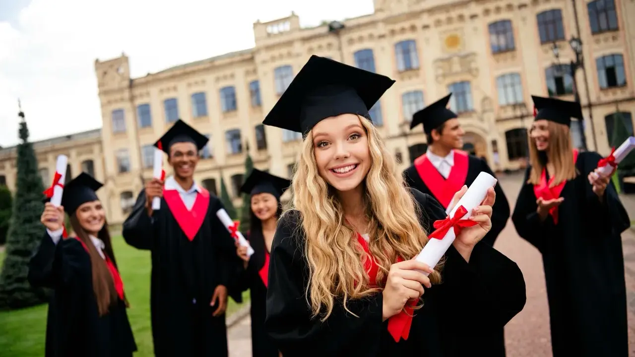 Uśmiechnięci absolwenci w togach z dyplomami. To piękny moment, by zacząć studia, gdy ma się 18 lat.