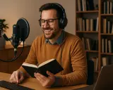 Mężczyzna w słuchawkach czyta książkę przy mikrofonie, przygotowując się do nagrania. Dowiedz się, jak zostać lektorem i zacząć karierę w tej branży.