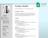 CV Emmy Smith w Google Docs, z sekcjami: dane kontaktowe, profil, kariera, edukacja.