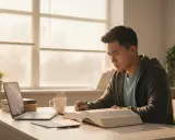 Młody mężczyzna pochyla się nad grubą księgą, pisząc notatki. Na biurku laptop, kubek parującej kawy. Tak wygląda nauka, gdy spełnia się warunek na studiach.