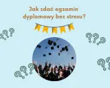 Studenci rzucają birety w powietrze po obronie pracy licencjackiej. Pytajniki sugerują niepewność, ale radość jest widoczna.
