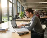 Młody mężczyzna pracuje na laptopie w bibliotece, otoczony książkami. Jego indywidualny tok studiów wymaga skupienia i samodzielności.