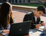 Dwoje studentów korzysta z laptopów na zewnątrz, przygotowując się do zajęć. To idealny przykład elastyczności, jaką oferują studia hybrydowe.