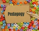Kolorowe koraliki z literami tworzą tło dla brązowej metki z napisem "Pedagogy". Idealne do nauki i studiów online pedagogika.