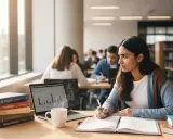 Studentka pochłonięta nauką, być może planuje drugi kierunek studiów. Na biurku laptop, książki i gorąca kawa.