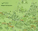Mapa kampusu Uniwersytetu Przyrodniczego w Poznaniu z zaznaczonymi budynkami i ulicami.