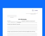 Formularz "List referencyjny" do wypełnienia przez pracodawcę. Zawiera pola na dane pracownika, okres zatrudnienia, obowiązki i cechy wyróżniające.
