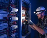 Mężczyzna w kasku z latarką pracuje przy panelu elektrycznym. To obraz z dziedziny elektrotechnika studia, gdzie przyszli inżynierowie zdobywają praktyczne umiejętności.