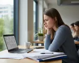 Zamyślona studentka przy laptopie, zastanawia się nad liczbą godzin praktyk na studiach. Dymek z kubka kawy unosi się w powietrzu.