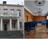 Budynek Małopolskiej Wyższej Szkoły Ekonomicznej (MWSE) i sala wykładowa z krzesłami.