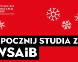 Rozpocznij studia zimą w WSB Gdynia! Białe płatki śniegu i logo uczelni zapraszają na zimową rekrutację.