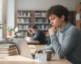 Młody student z legitymacją studencką, korzystający z laptopa w bibliotece. Nawet po 26 roku życia można skorzystać ze zniżek dla studentów.