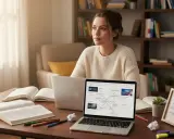 Młoda kobieta pogrążona w nauce, przygotowująca się do kognitywistyka studia. Na biurku laptopy, otwarte książki i przybory do pisania.