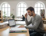 Młody mężczyzna w okularach analizuje dane na laptopie w bibliotece. Może to być jego sposób na poradzenie sobie ze zmianą uczelni z niezaliczonym przedmiotem.