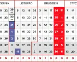 Kalendarz od października do lutego. Pokazuje, ile trwa rok studencki, zaznaczając dni wolne i parzyste/nieparzyste.