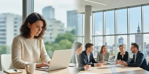 Kobieta pracuje na laptopie, w tle widok na miasto. Po drugiej stronie obrazu zespół ludzi na spotkaniu. To przyszłość studiów online Warszawa.