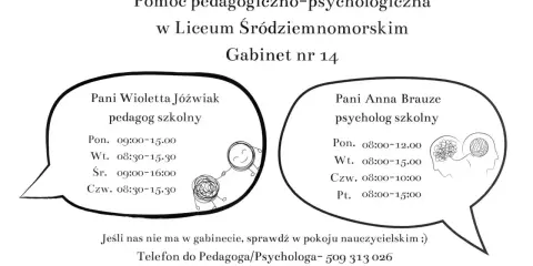Pedagog szkolny Pani Wioletta Jóźwiak i psycholog szkolny Pani Anna Brauze oferują pomoc. Różnica między nimi? Pedagog skupia się na rozwoju, psycholog na emocjach.