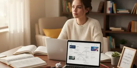 Młoda kobieta pogrążona w nauce, przygotowująca się do kognitywistyka studia. Na biurku laptopy, otwarte książki i przybory do pisania.