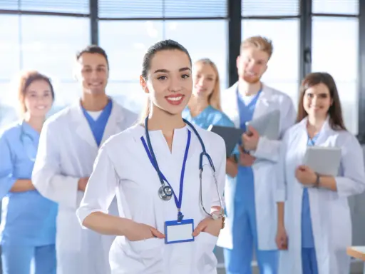 Uśmiechnięty zespół medyczny, przyszli lekarze z Akademii Śląskiej, gotowi do pracy.