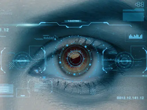 Oko z futurystycznym interfejsem, dane, wykresy i tekst "LOADING...". Idealne dla osób zainteresowanych cyberbezpieczeństwo studia warszawa.