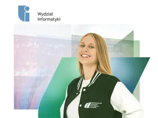 Uśmiechnięta studentka na tle kodu i logo Wydziału Informatyki. Rozpocznij studia informatyczne w Szczecinie!