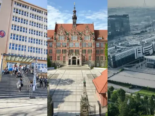 Trzy budynki uczelni w Gdańsku: Collegium Medicum, Politechnika Gdańska i nowoczesne centrum badawcze.