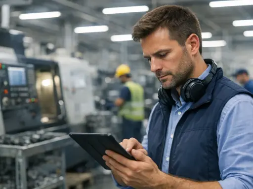 Mężczyzna w słuchawkach na szyi sprawdza tablet na hali produkcyjnej. Zastanawia się, ile zarabia planista produkcji.