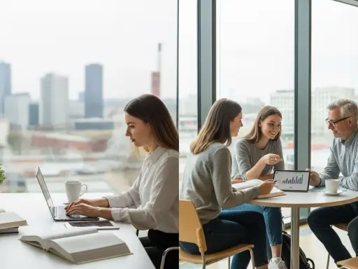 Kobieta pracuje na laptopie, a obok dwie studentki i wykładowca omawiają wykresy. Idealne do studiów online Śląsk.